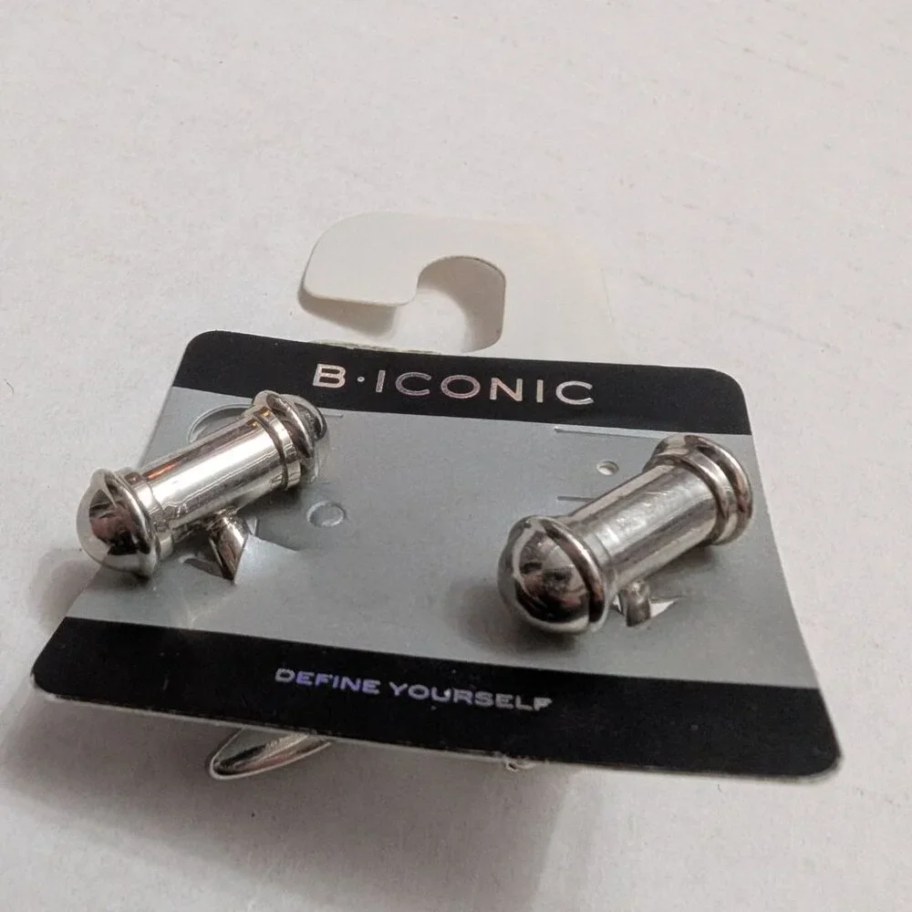 B Iconic cuff links silver tone metal barbells‎ org packaging 1 inch vintage